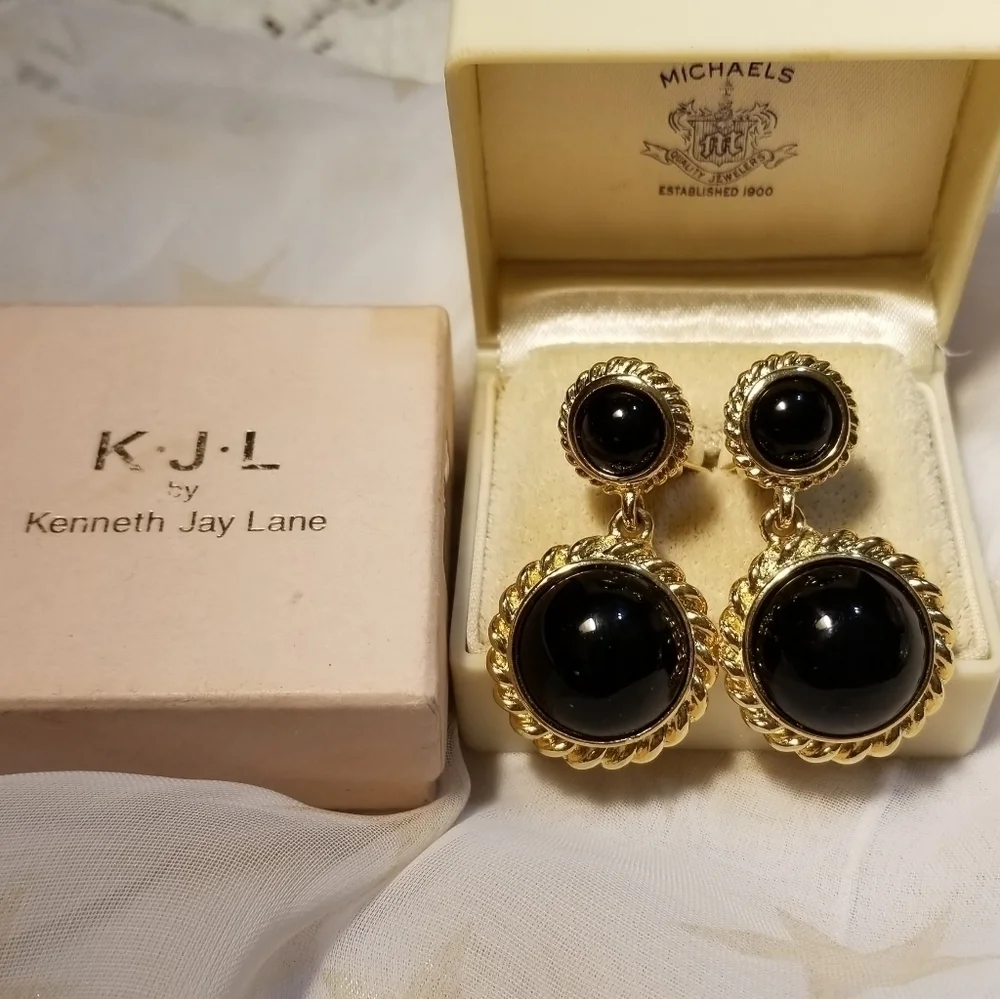 Vtg KJL Kenneth Jay Lane Black Gold Earrings